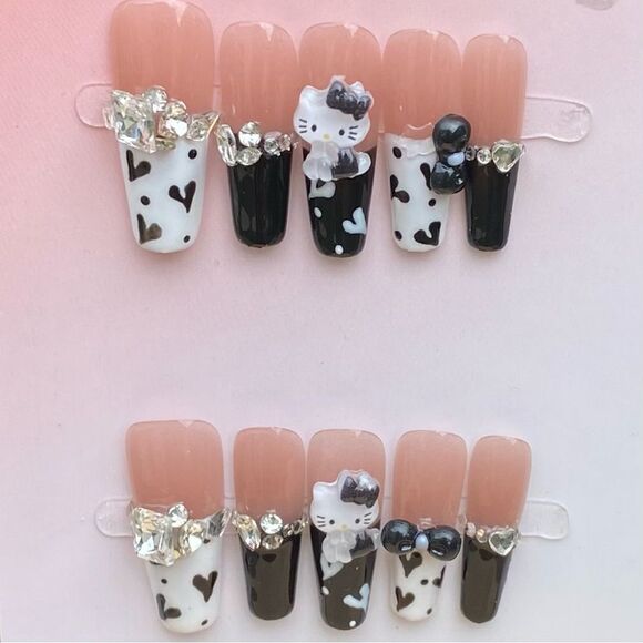 New Handmade Hello Kitty Nail 3D Art Set w/Black & White Accents Small - Picture 2 of 3